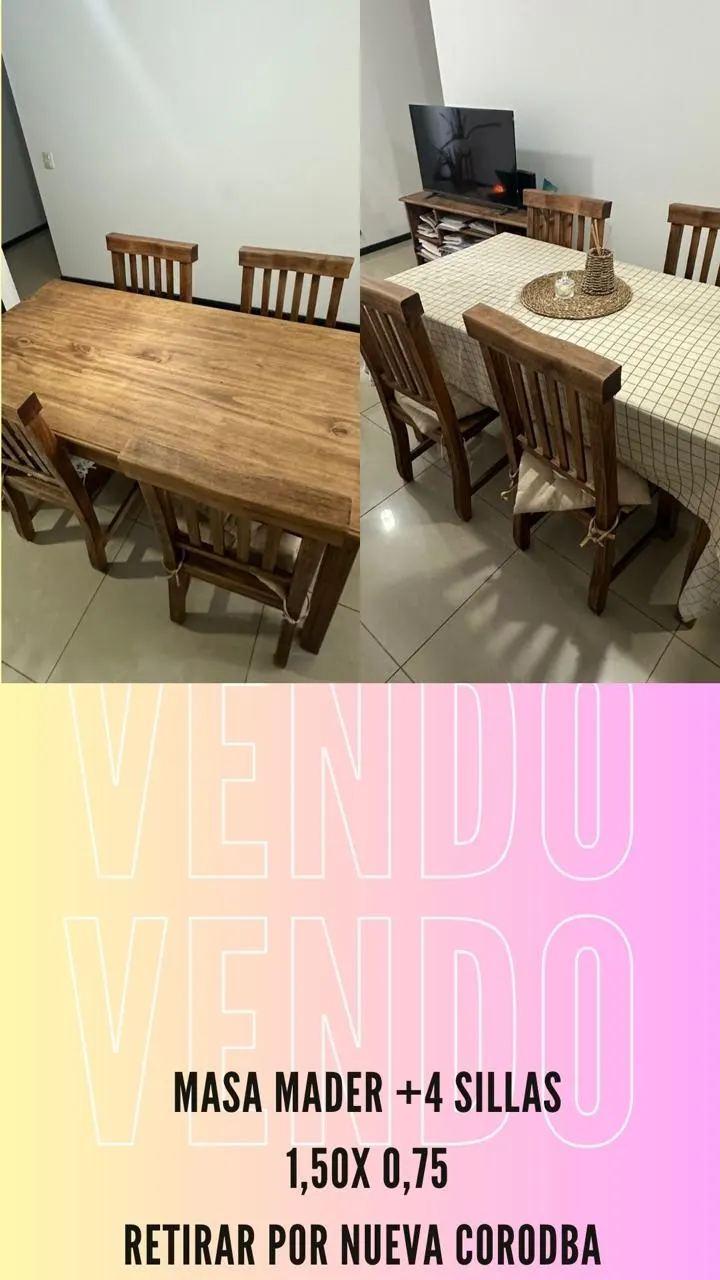 MESA DE PINO 1,50X 0,75 +4 SILLAS.