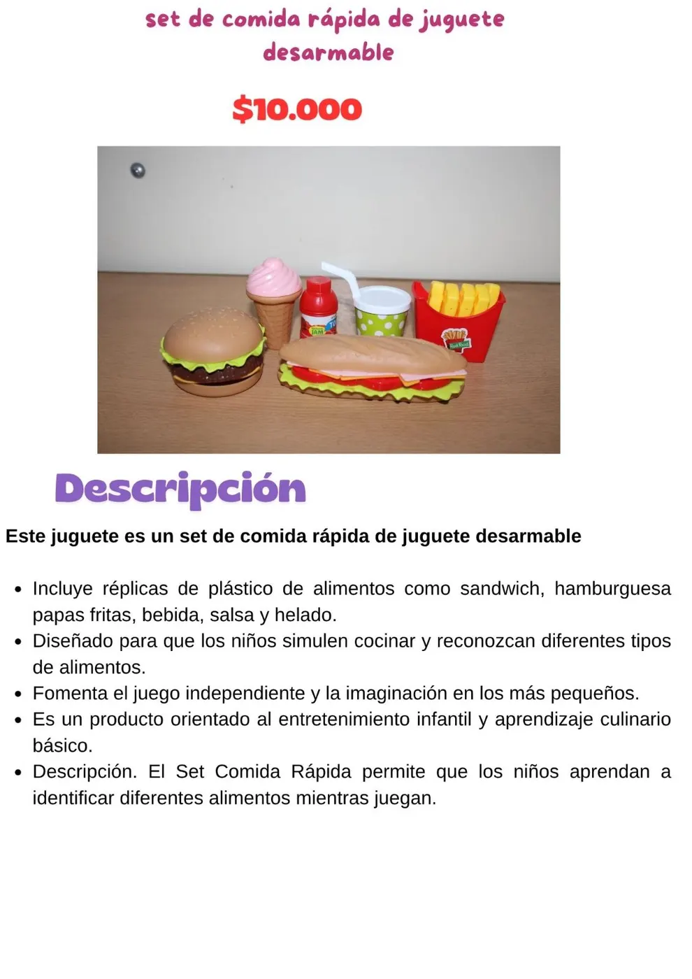 set de comida rápida de juguete desarmable