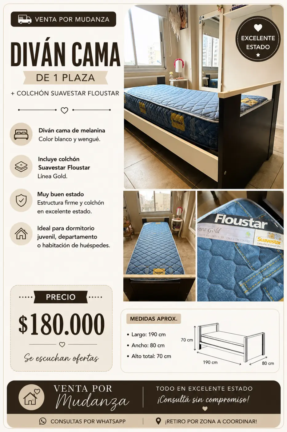 Cama diván de 1 plaza con colchón