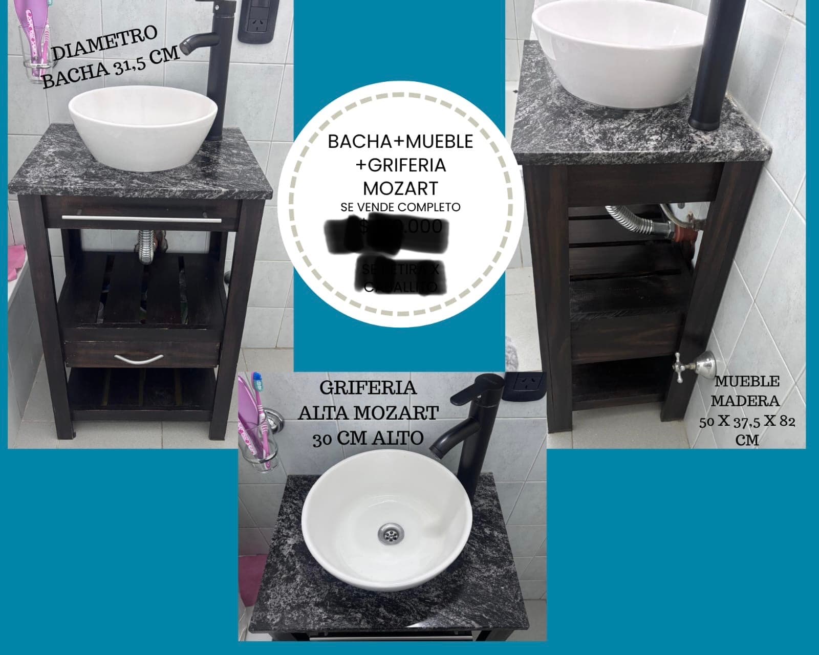 Bacha, canilla, mesada de mármol y mueble madera