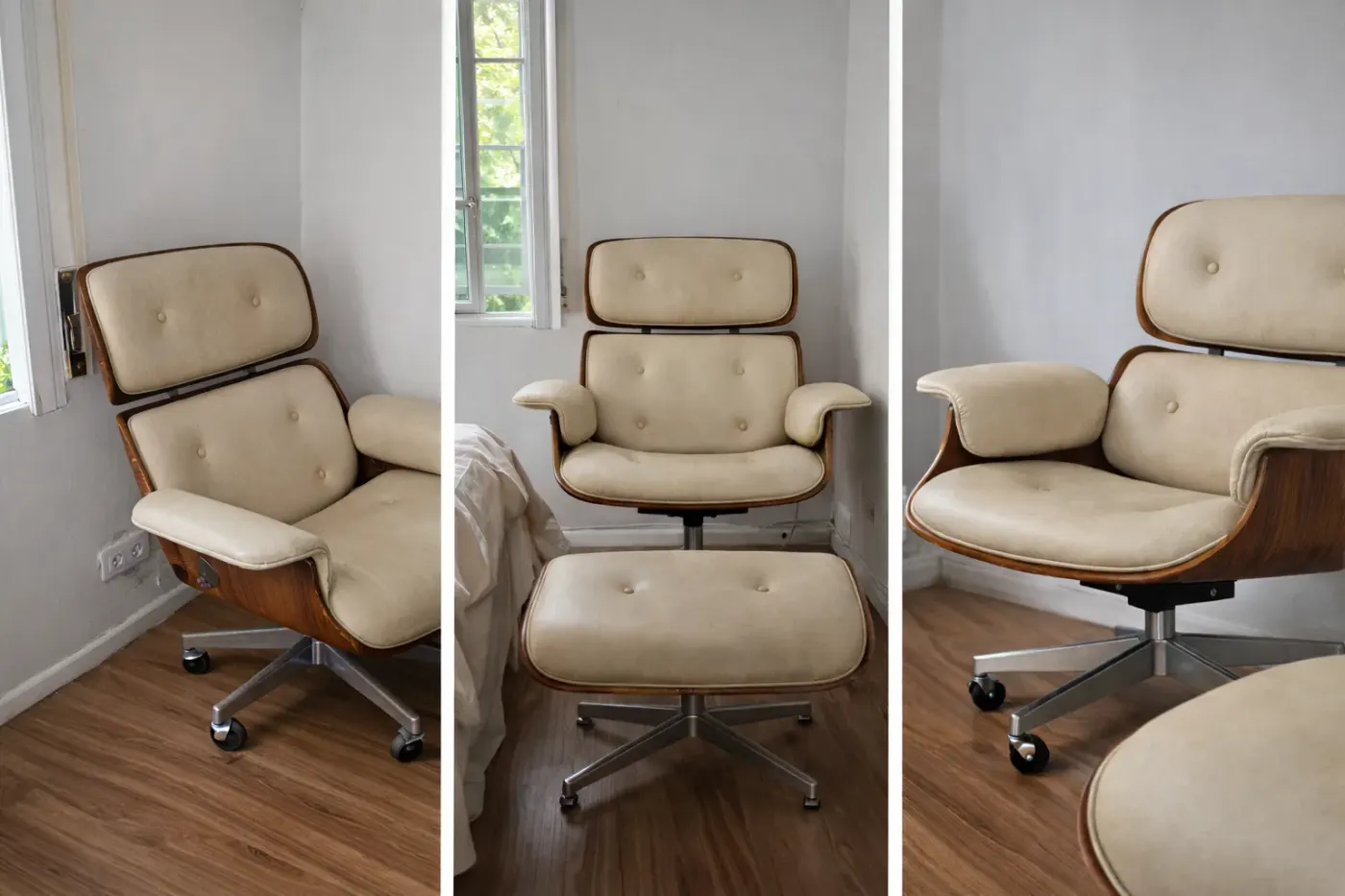 Sillón lounge estilo Eames con ottoman – madera y tapizado claro – vintage